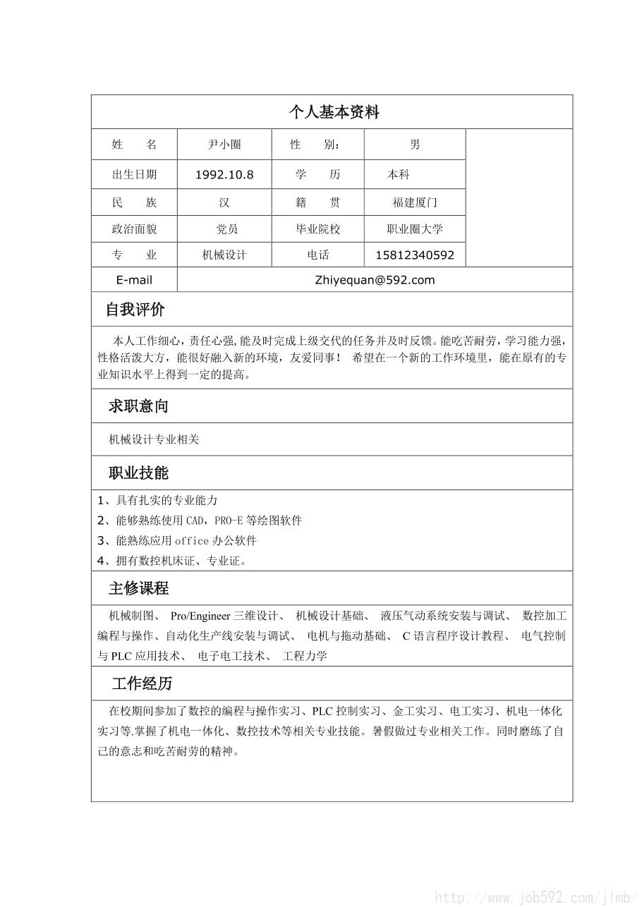 适合无经验机械设计毕业生简历模板